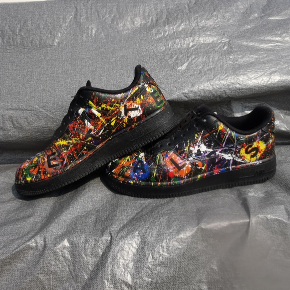 NIKE Mens Size 8 Black multi coloured painted sneakers basketball Air Force 1 - Picture 6 of 11